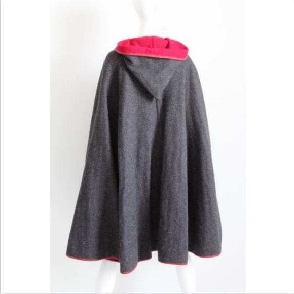 Bonnie Cashin Cape with Hood Charcoal Wool Cherry Red Leather Trim Vintage 60s - Picture 6 of 8
